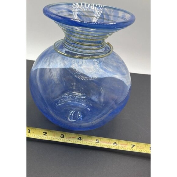 Blenko Spiral Swirl Vase Marbled Blue/Clear and Gold Swirl on neck - Picture 6 of 7